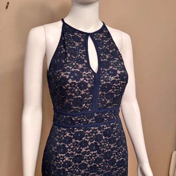 Nightway Navy Blue Lace Cocktail Dress Size 8 Sleeveless Sequin Halter Bodycon - Picture 4 of 13